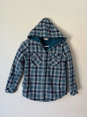 Boston Traders Blue & Teal Plaid Hooded Fleece Lined Shacket